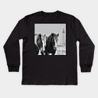 Horses of St Mathieu in the snow Kids Long Sleeve T-Shirt